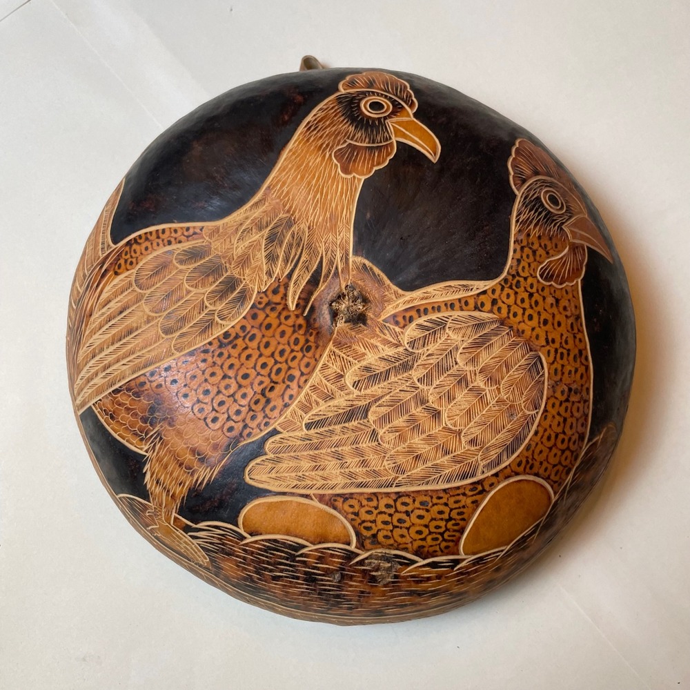 Peruvian Carved Gourd Bowl Wall Decor Art Hen and Chickens Folk Art Peru‎